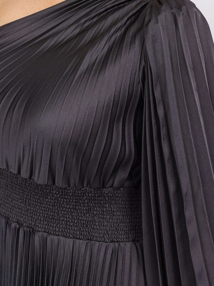 PLUS SIZE ONE SHOULDER LONG BELL SLEEVE SMOCK WAIST PLEATED MAXI DRESS