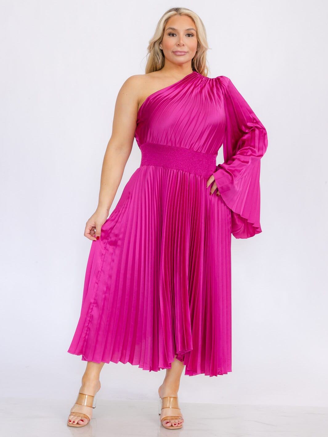 PLUS SIZE ONE SHOULDER LONG BELL SLEEVE SMOCK WAIST PLEATED MAXI DRESS