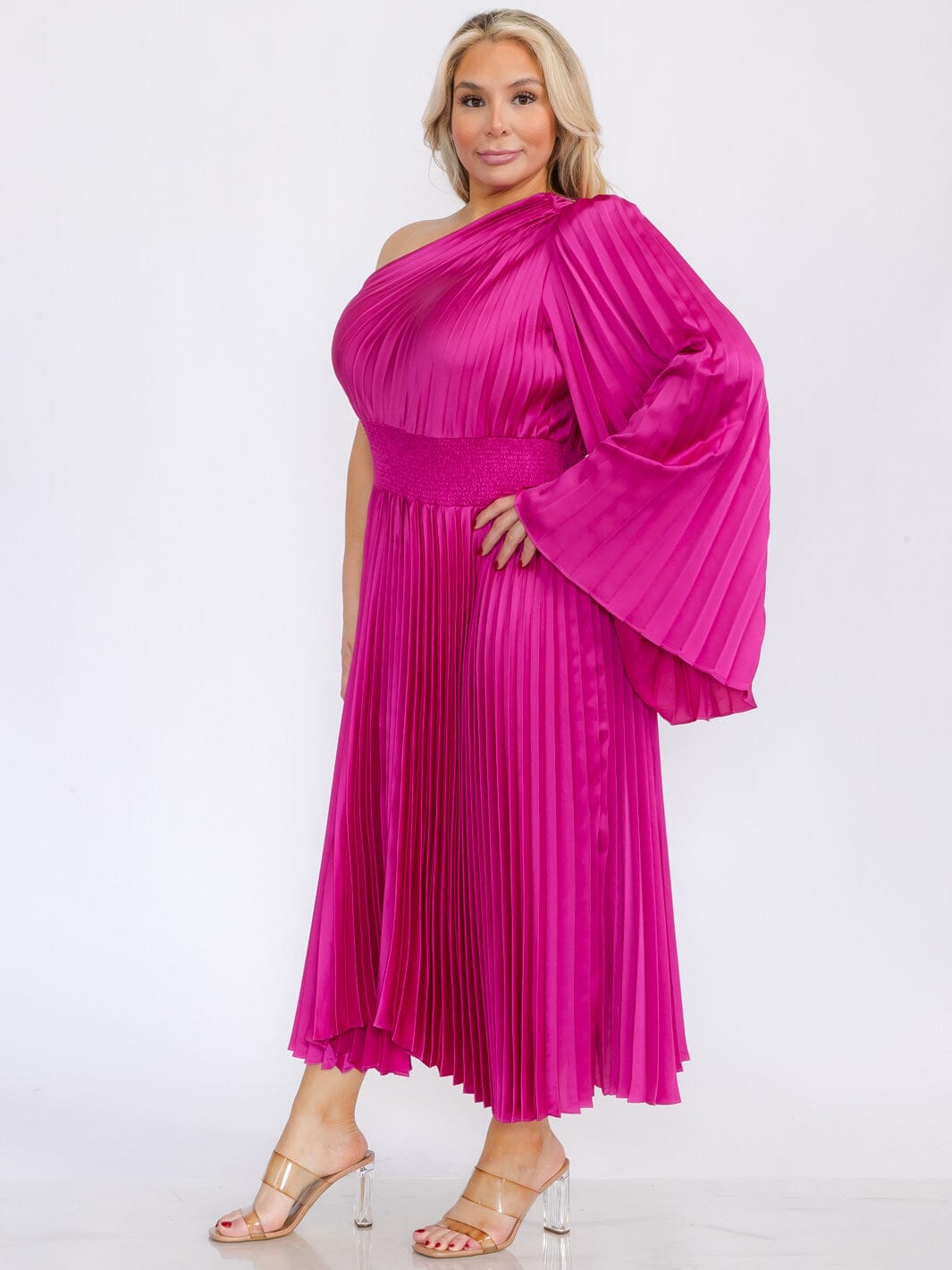 PLUS SIZE ONE SHOULDER LONG BELL SLEEVE SMOCK WAIST PLEATED MAXI DRESS