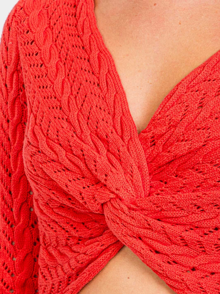 WOMEN'S LONG SLEEVES FRONT TWIST KNIT CROP TOP