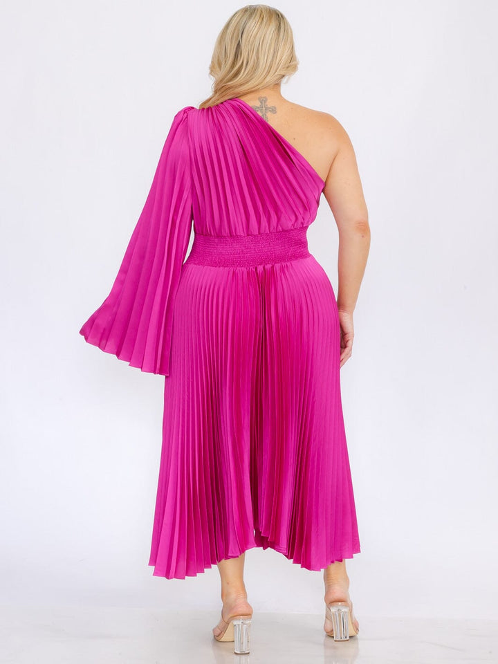 PLUS SIZE ONE SHOULDER LONG BELL SLEEVE SMOCK WAIST PLEATED MAXI DRESS