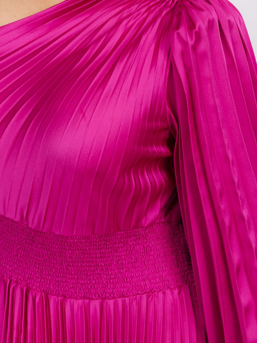 PLUS SIZE ONE SHOULDER LONG BELL SLEEVE SMOCK WAIST PLEATED MAXI DRESS