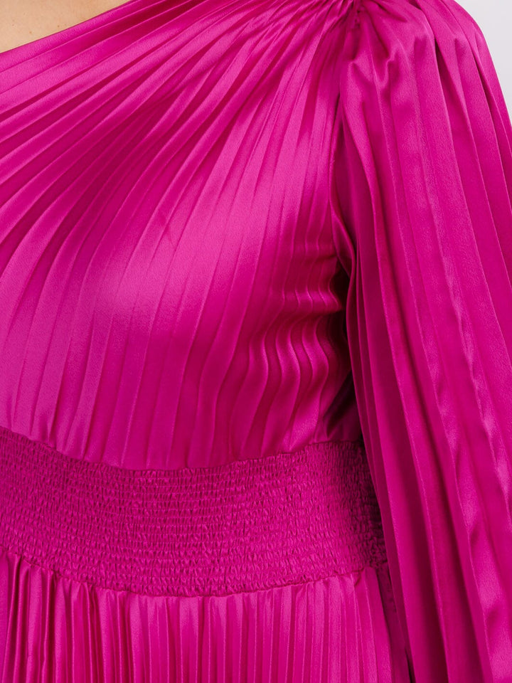 PLUS SIZE ONE SHOULDER LONG BELL SLEEVE SMOCK WAIST PLEATED MAXI DRESS