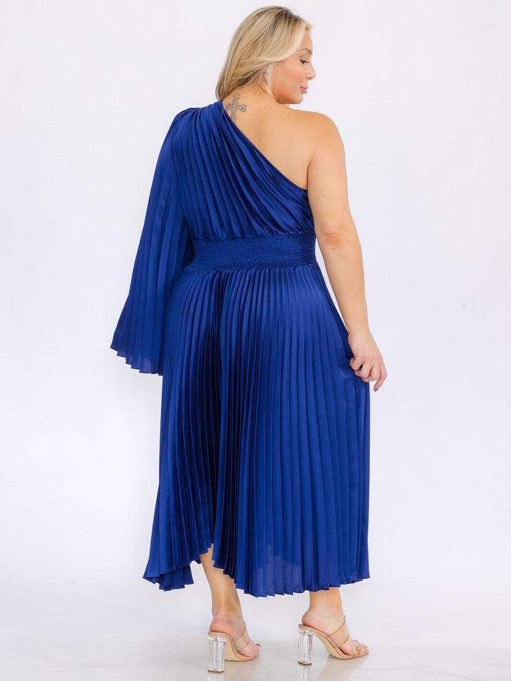 PLUS SIZE ONE SHOULDER LONG BELL SLEEVE SMOCK WAIST PLEATED MAXI DRESS