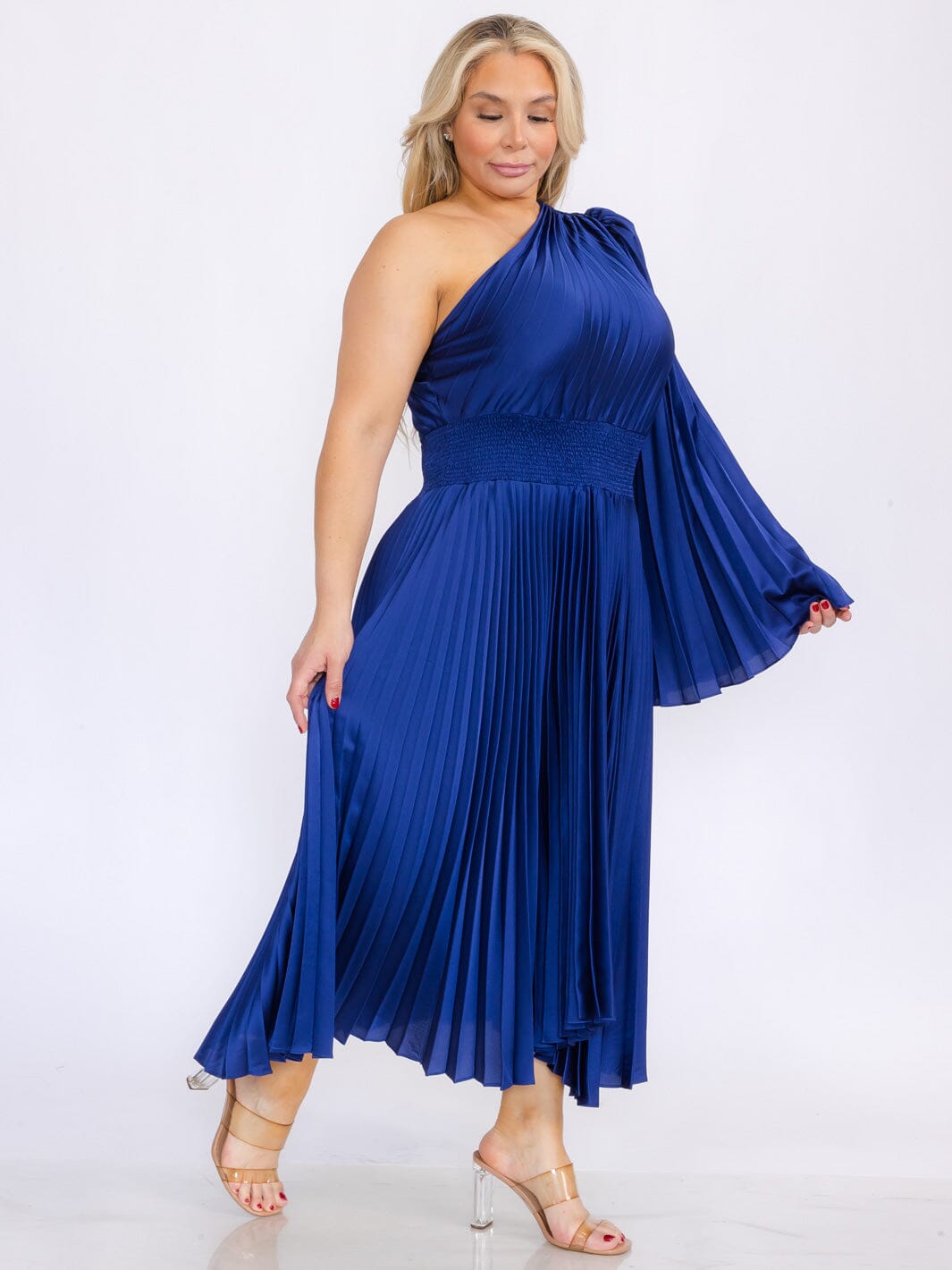 PLUS SIZE ONE SHOULDER LONG BELL SLEEVE SMOCK WAIST PLEATED MAXI DRESS