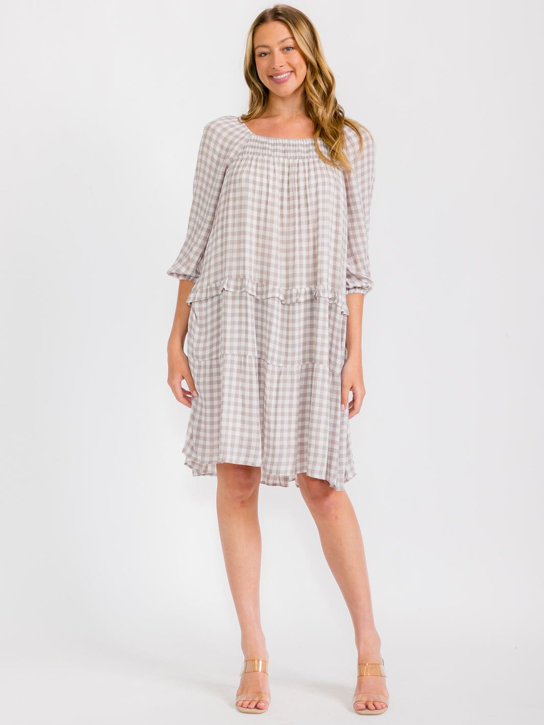 WOMEN'S SHORT SLEEVES HIGH-LOW ELASTIC NECK PLAID MIDI DRESS