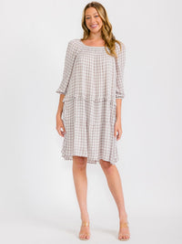 WOMEN'S SHORT SLEEVES HIGH-LOW ELASTIC NECK PLAID MIDI DRESS