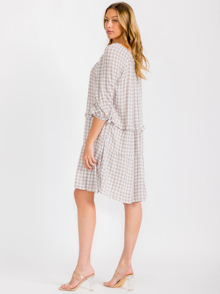 WOMEN'S SHORT SLEEVES HIGH-LOW ELASTIC NECK PLAID MIDI DRESS