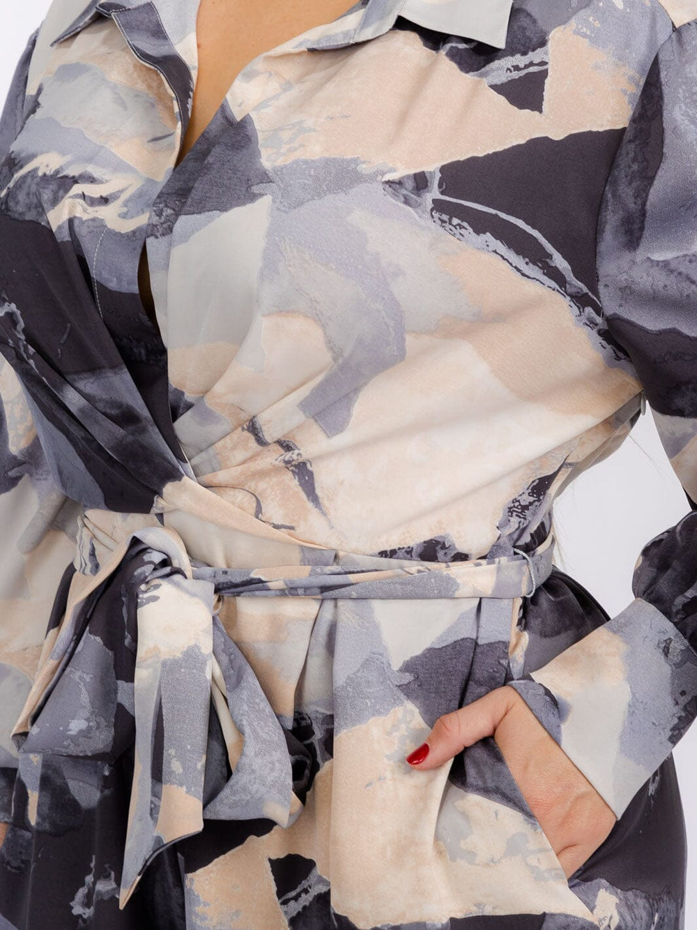 PLUS SIZE LONG SLEEVE SURPLICE FRONT POCKETS PRINTED ROMPER