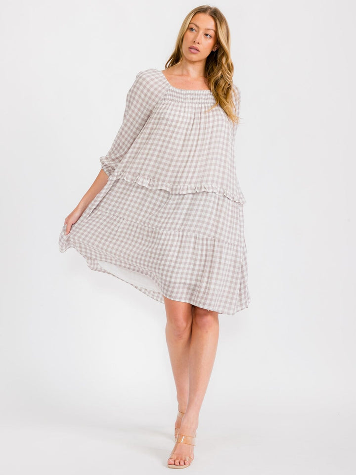 WOMEN'S SHORT SLEEVES HIGH-LOW ELASTIC NECK PLAID MIDI DRESS