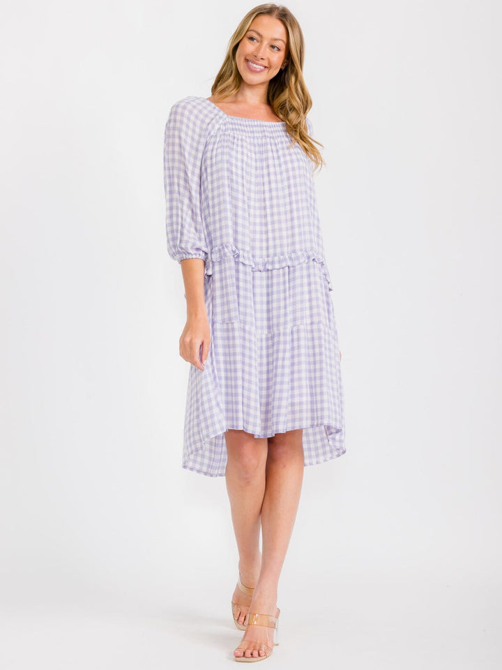 WOMEN'S SHORT SLEEVES HIGH-LOW ELASTIC NECK PLAID MIDI DRESS