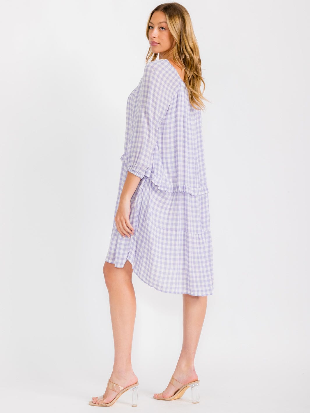 WOMEN'S SHORT SLEEVES HIGH-LOW ELASTIC NECK PLAID MIDI DRESS