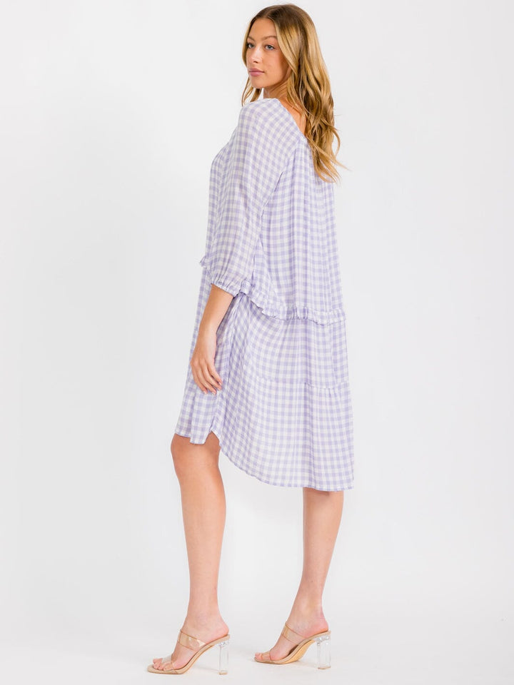 WOMEN'S SHORT SLEEVES HIGH-LOW ELASTIC NECK PLAID MIDI DRESS