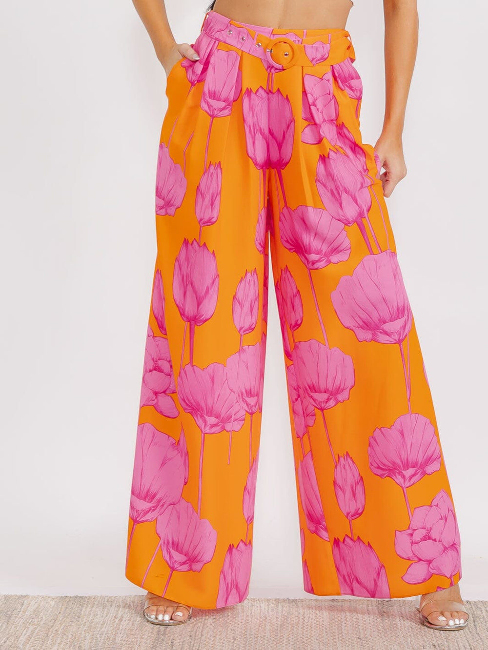 WOMEN'S ELASTIC WAIST FRONT POCKETS BELTED FLORAL BOHO PANTS