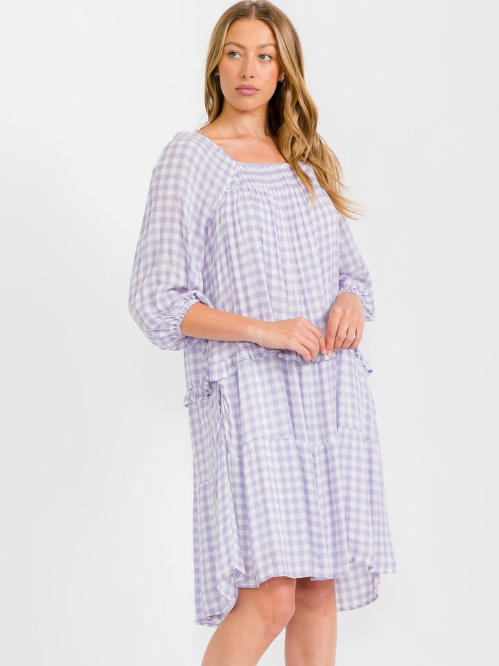 WOMEN'S SHORT SLEEVES HIGH-LOW ELASTIC NECK PLAID MIDI DRESS