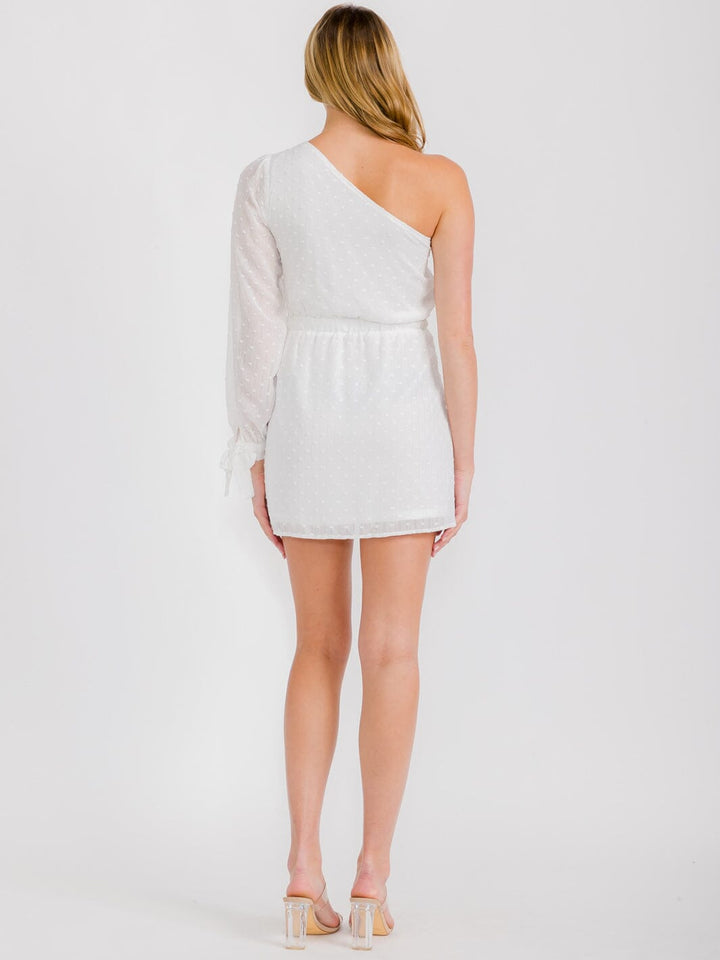 WOMEN'S LONG SLEEVES ONE SHOULDER SWISS DETAILED MINI DRESS