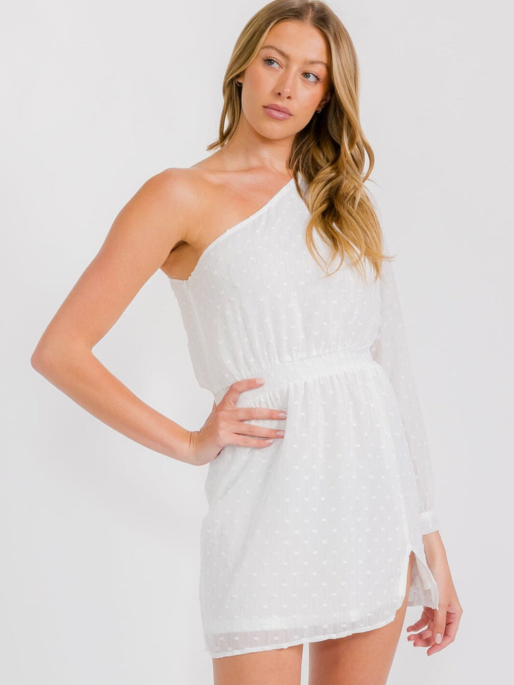 WOMEN'S LONG SLEEVES ONE SHOULDER SWISS DETAILED MINI DRESS