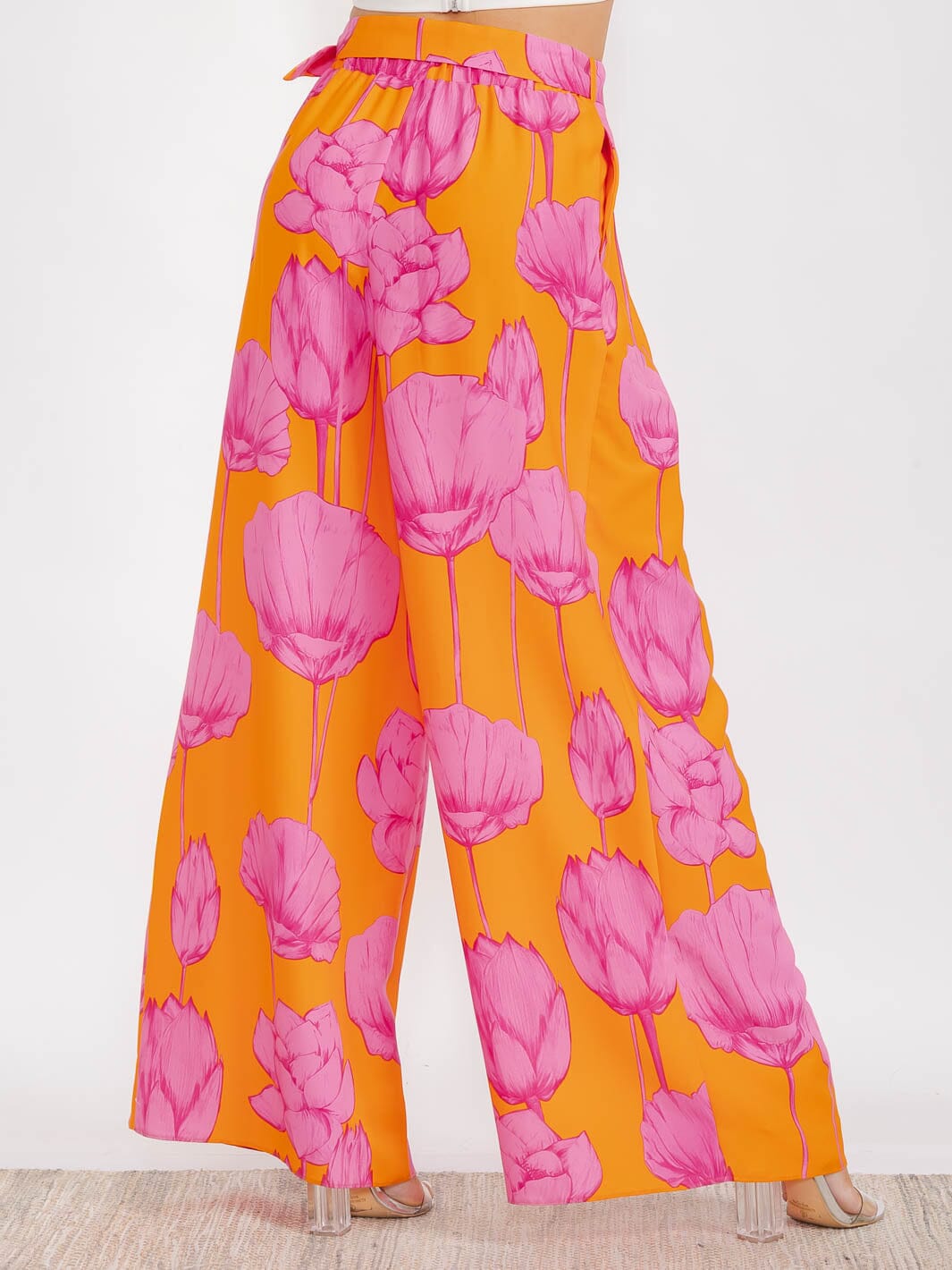 WOMEN'S ELASTIC WAIST FRONT POCKETS BELTED FLORAL BOHO PANTS