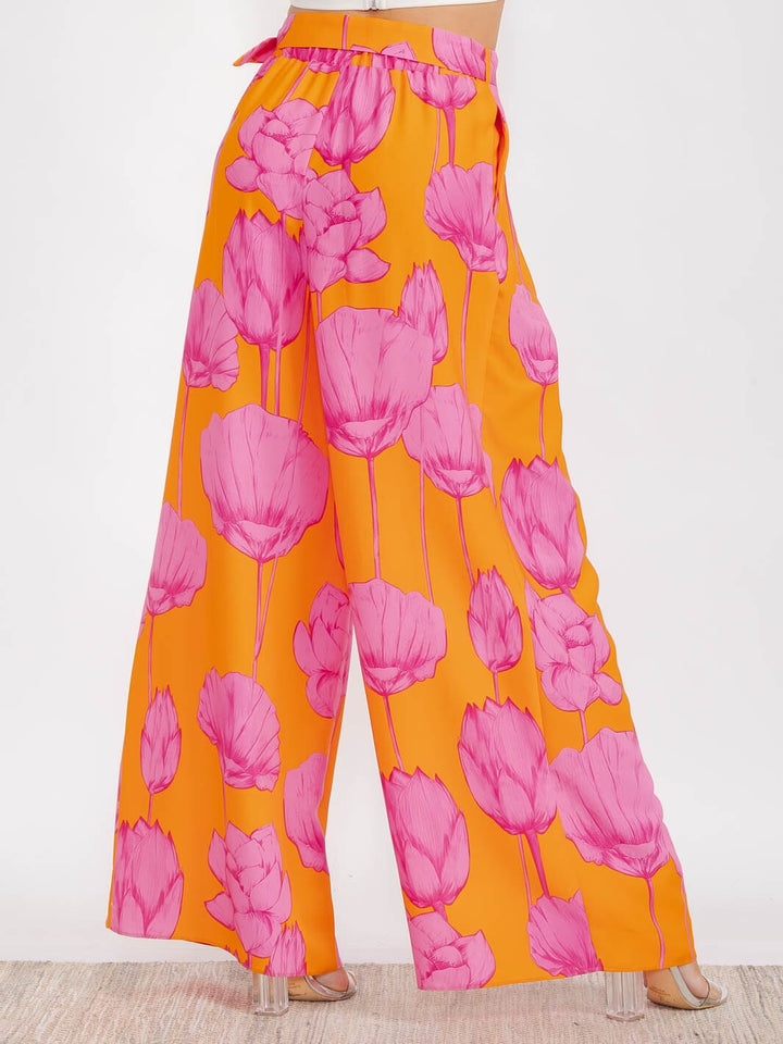 WOMEN'S ELASTIC WAIST FRONT POCKETS BELTED FLORAL BOHO PANTS