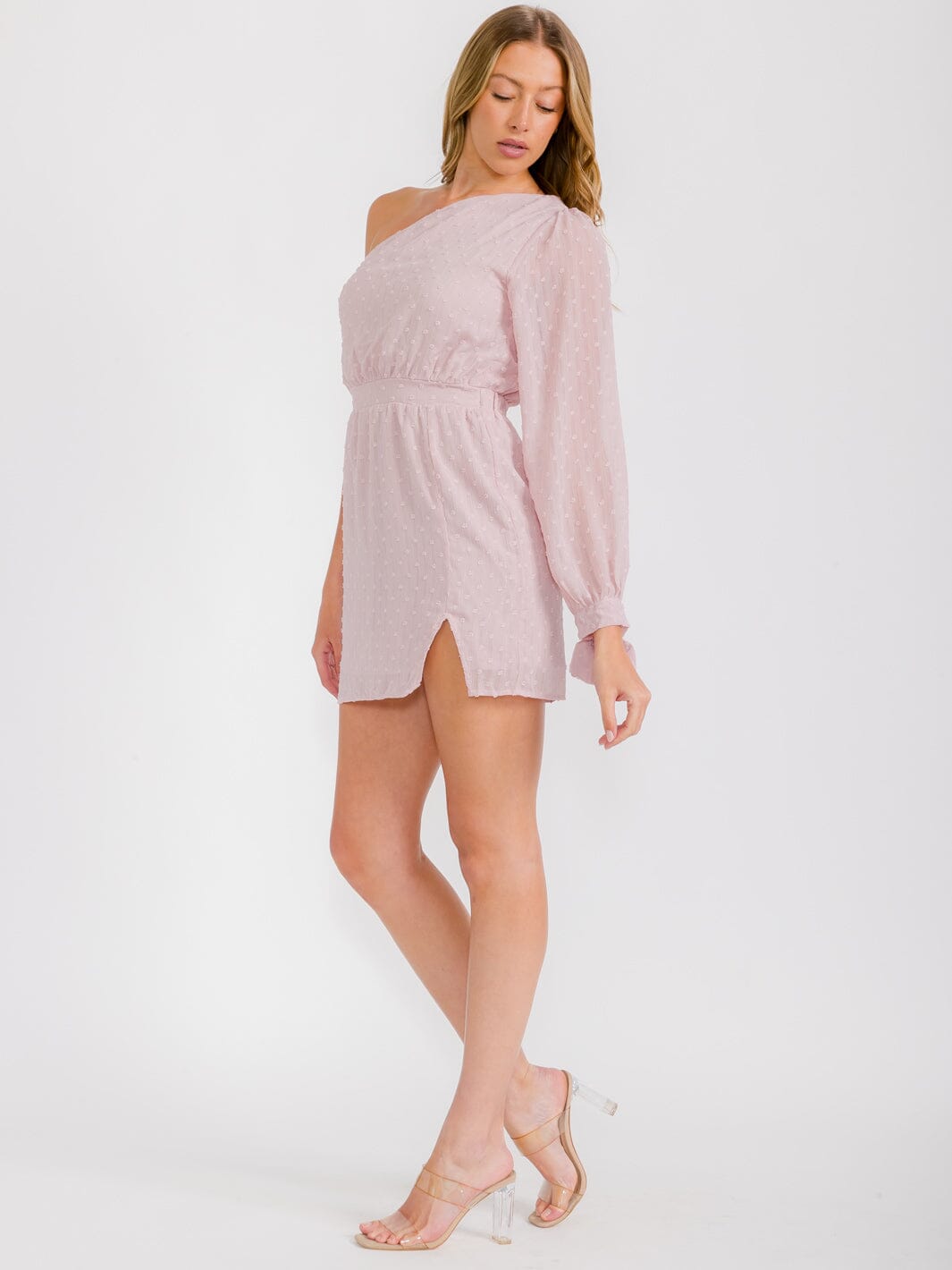 WOMEN'S LONG SLEEVES ONE SHOULDER SWISS DETAILED MINI DRESS
