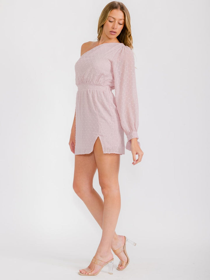 WOMEN'S LONG SLEEVES ONE SHOULDER SWISS DETAILED MINI DRESS