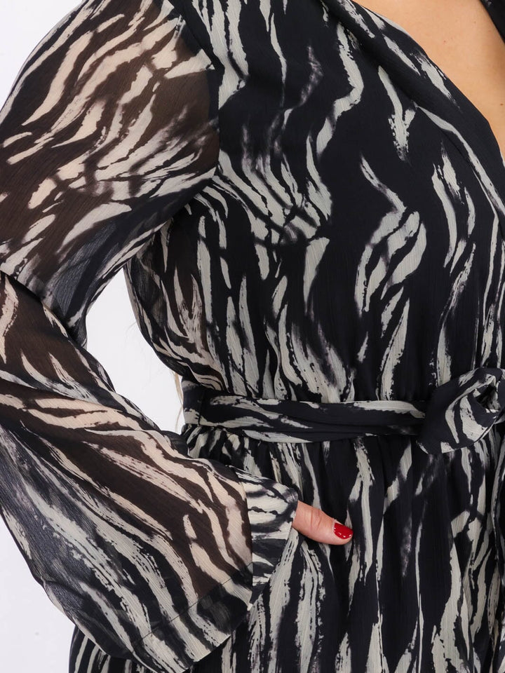 PLUS SIZE LONG SLEEVE SURPLICE FRONT POCKETS PRINTED ROMPER