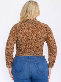 PLUS SIZE LONG SLEEVE SELF TIE ANIMAL PRINT WRAP TOP