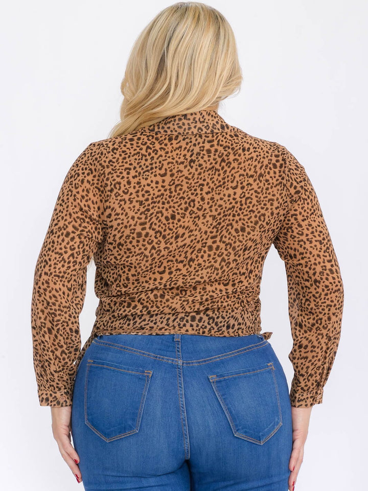 PLUS SIZE LONG SLEEVE SELF TIE ANIMAL PRINT WRAP TOP
