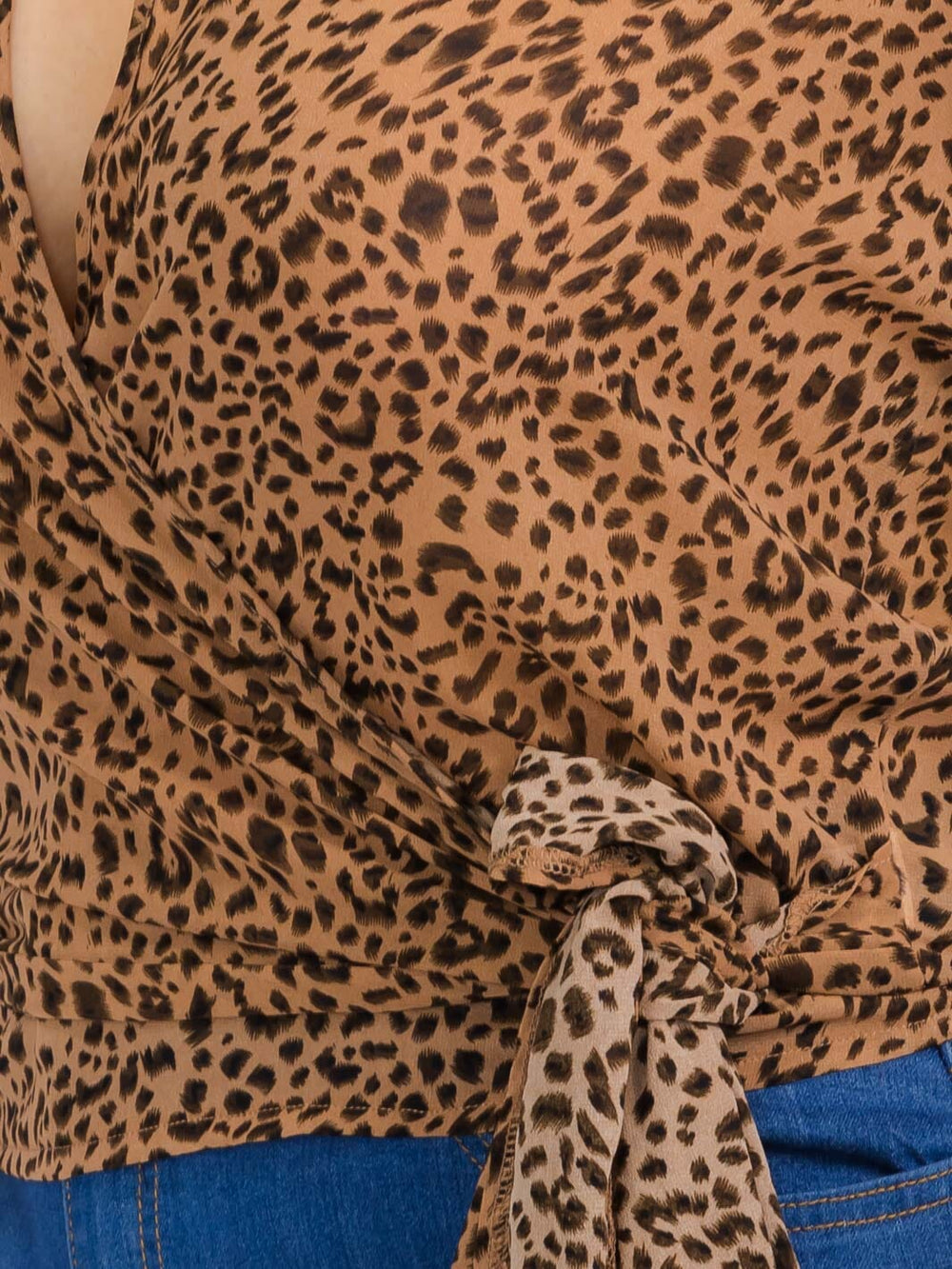 PLUS SIZE LONG SLEEVE SELF TIE ANIMAL PRINT WRAP TOP