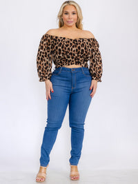 PLUS SIZE LONG SLEEVE SELF TIE ANIMAL PRINT CROP TOP