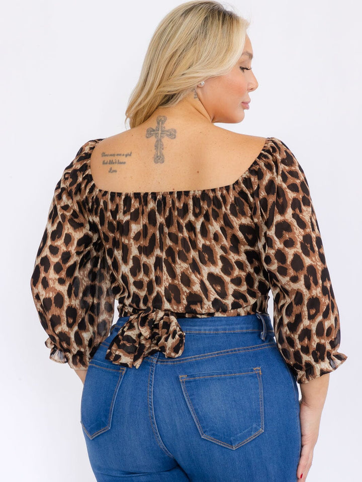 PLUS SIZE LONG SLEEVE SELF TIE ANIMAL PRINT CROP TOP