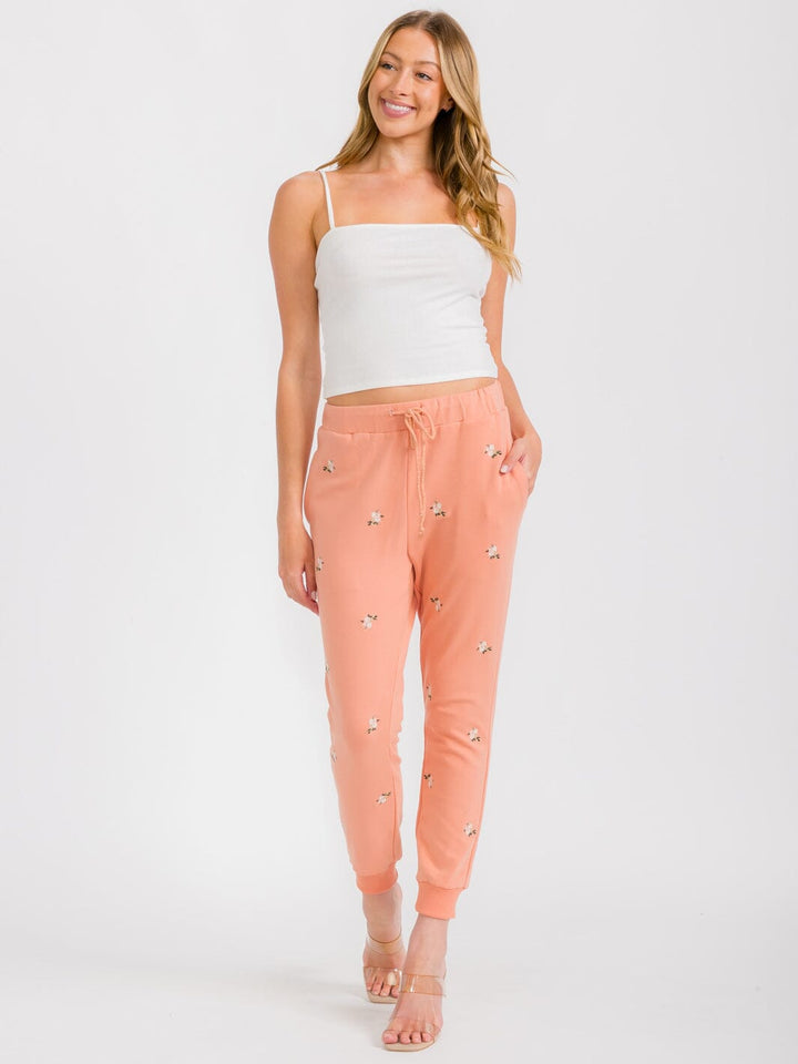 WOMEN'S ELASTIC WAIST FRONT POCKETS FLORAL EMBROIDERY JOGGER PANTS
