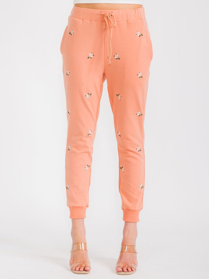 WOMEN'S ELASTIC WAIST FRONT POCKETS FLORAL EMBROIDERY JOGGER PANTS