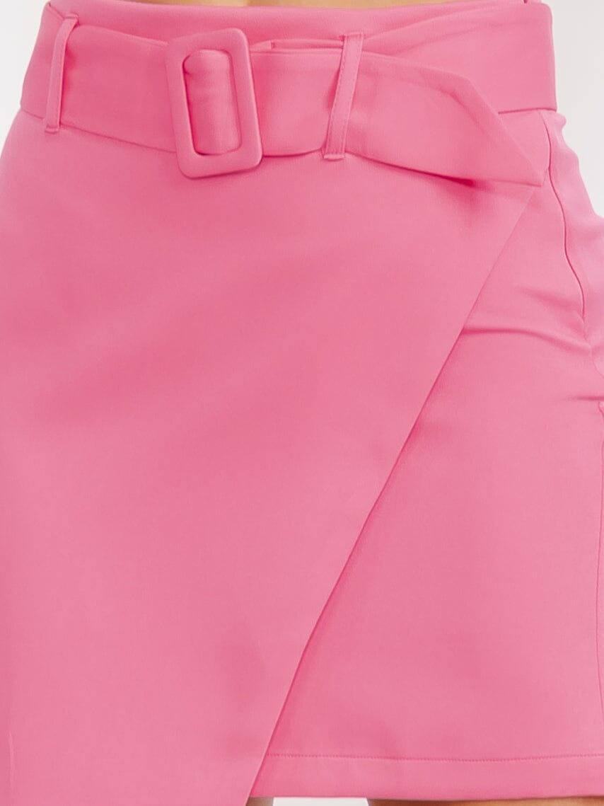 WOMEN'S ZIP UP SURPLICE BELTED MINI SKIRT