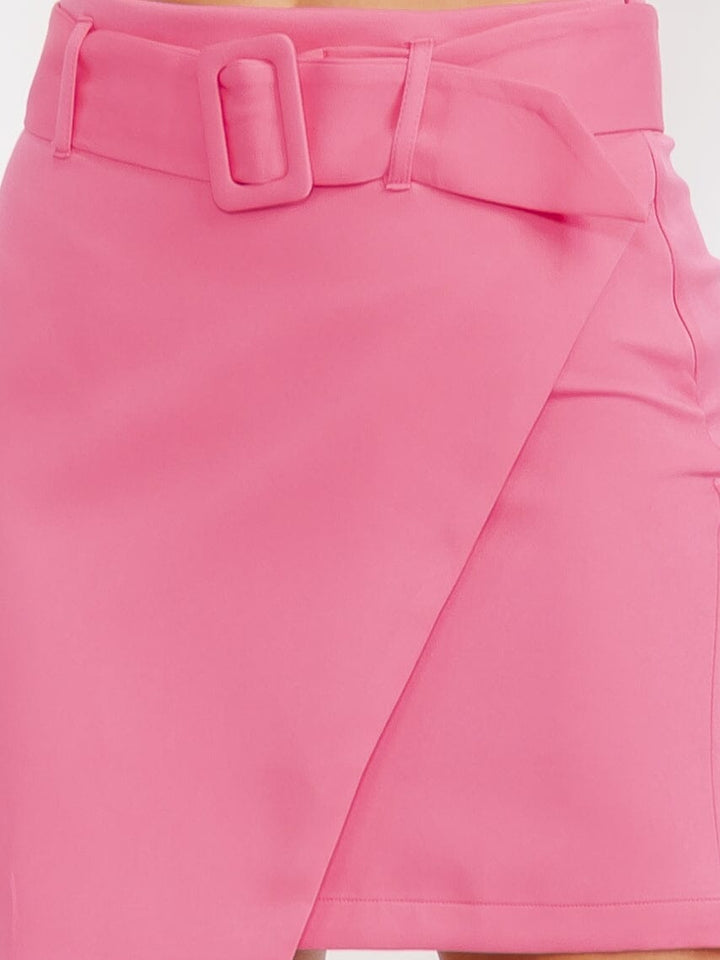 WOMEN'S ZIP UP SURPLICE BELTED MINI SKIRT