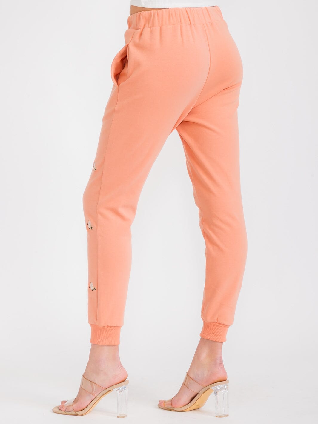 WOMEN'S ELASTIC WAIST FRONT POCKETS FLORAL EMBROIDERY JOGGER PANTS