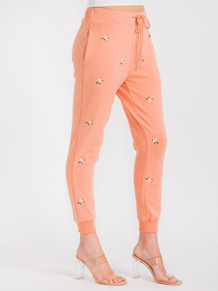 WOMEN'S ELASTIC WAIST FRONT POCKETS FLORAL EMBROIDERY JOGGER PANTS