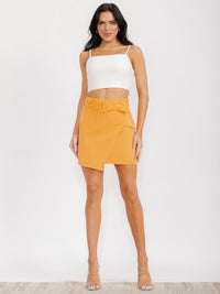 WOMEN'S ZIP UP SURPLICE BELTED MINI SKIRT