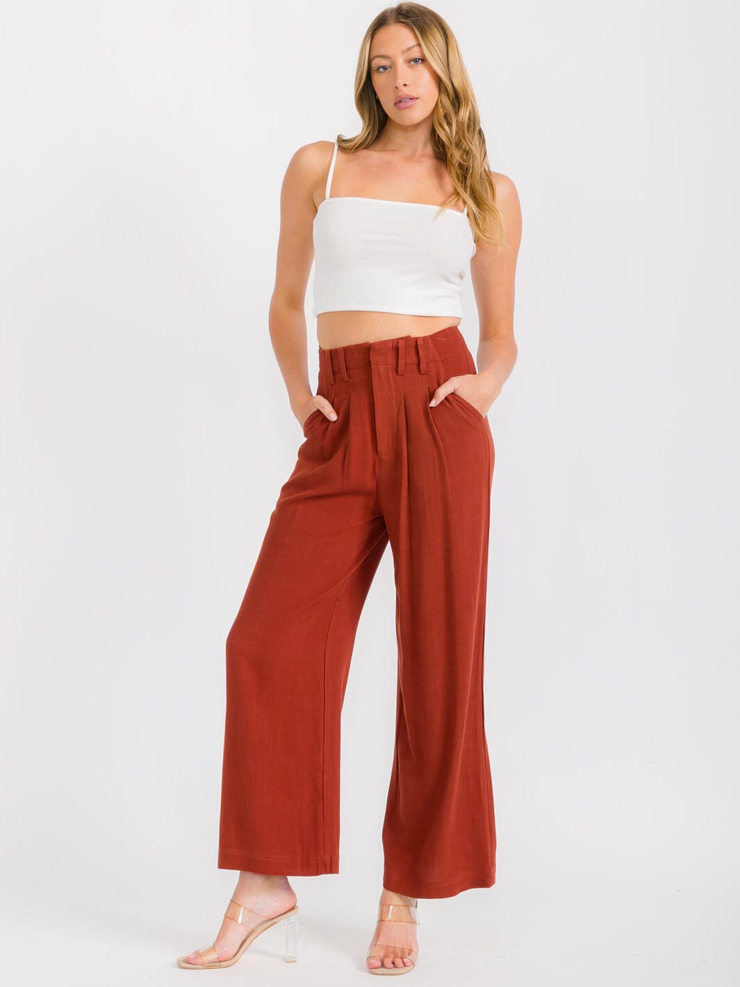 WOMEN'S BUTTON CLOSURE FRONT POCKETS PLEATED WIDE LEG PANTS