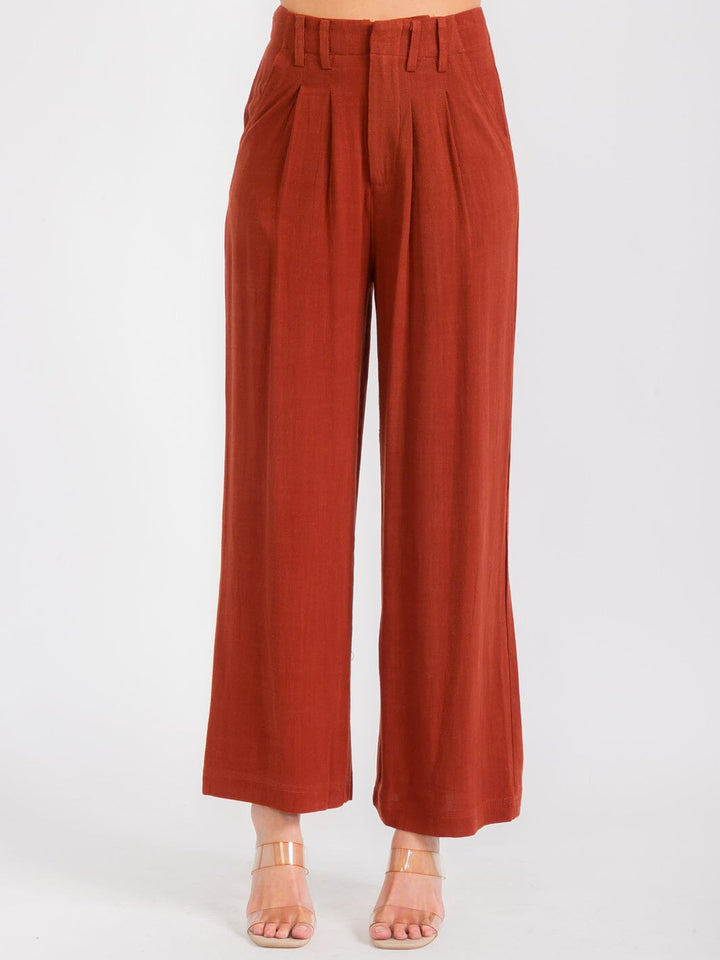 WOMEN'S BUTTON CLOSURE FRONT POCKETS PLEATED WIDE LEG PANTS
