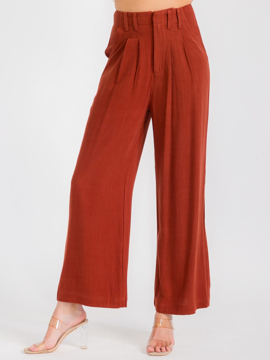WOMEN'S BUTTON CLOSURE FRONT POCKETS PLEATED WIDE LEG PANTS