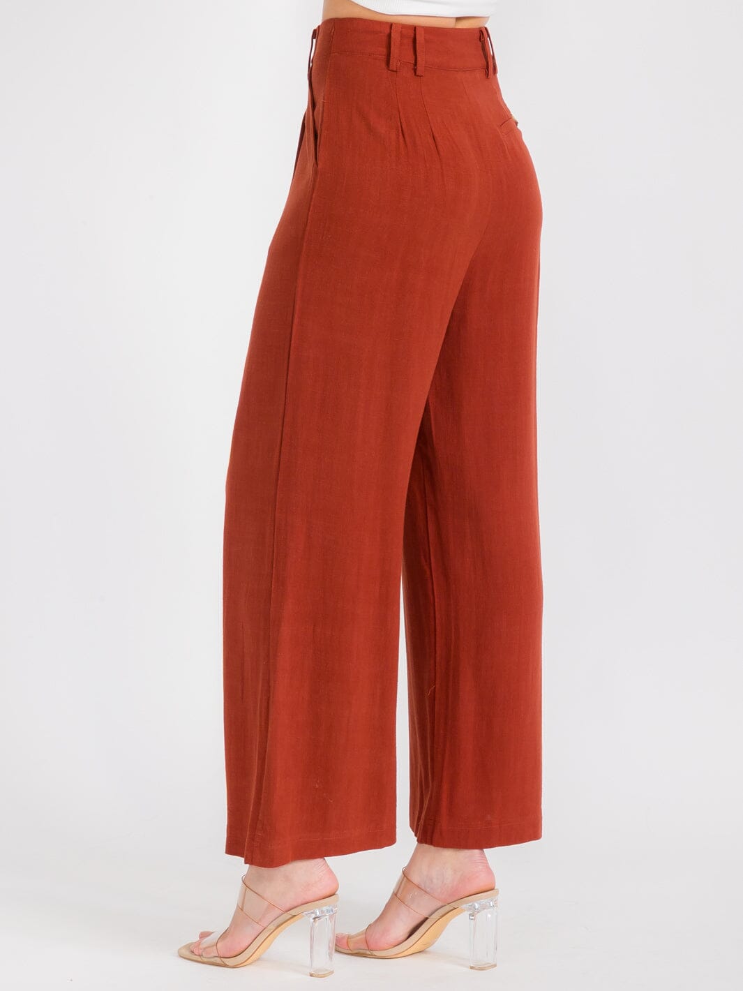 WOMEN'S BUTTON CLOSURE FRONT POCKETS PLEATED WIDE LEG PANTS