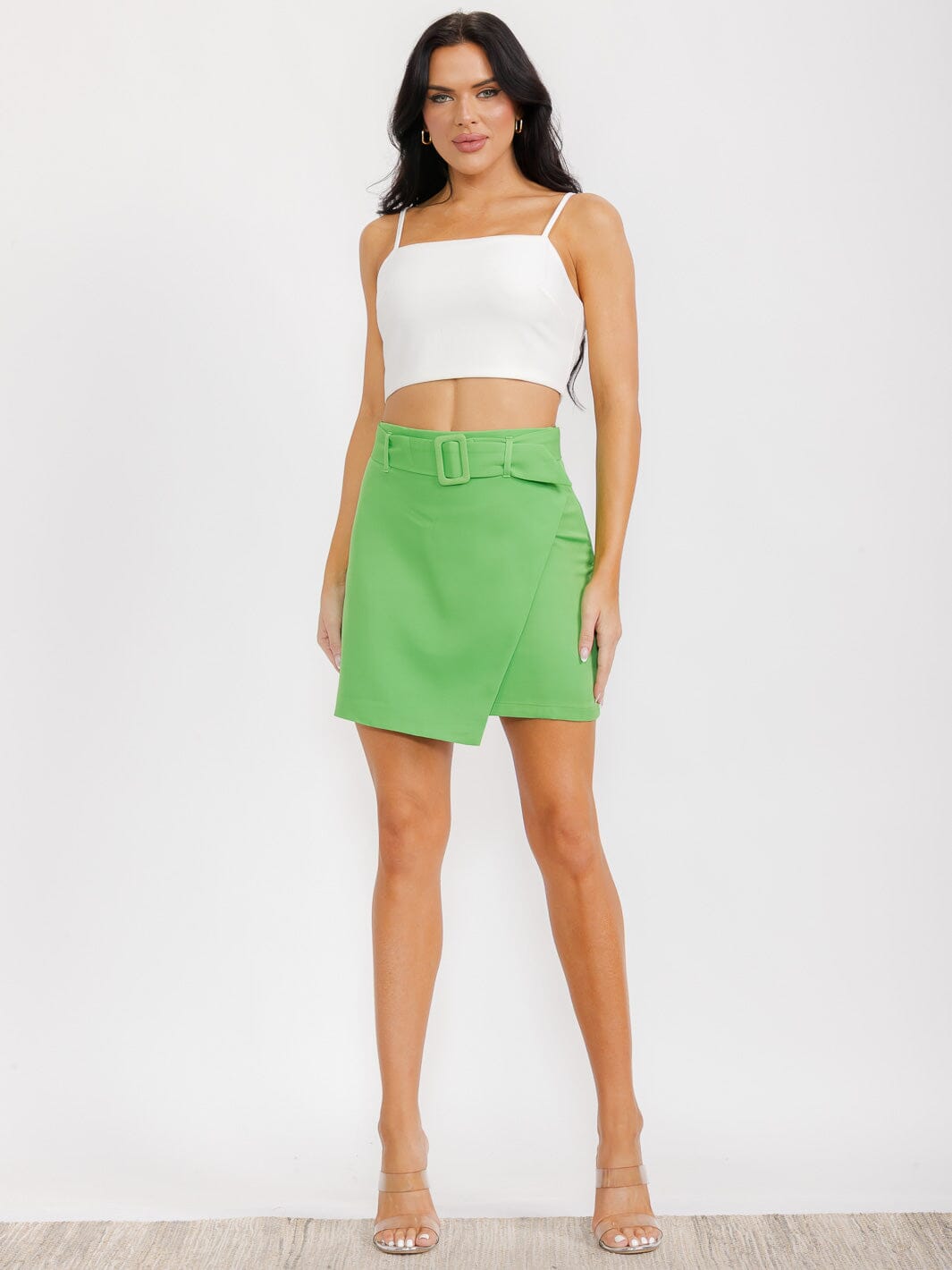 WOMEN'S ZIP UP SURPLICE BELTED MINI SKIRT