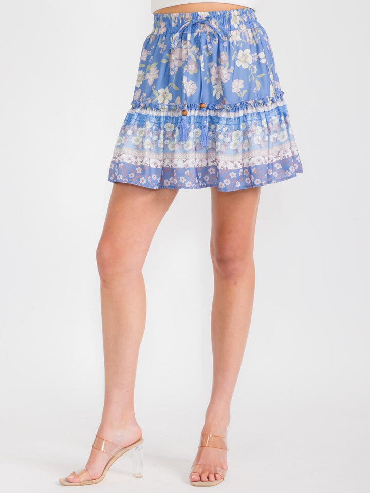 WOMEN'S ELASTIC WAIST TIERED FLORAL MINI SKIRT