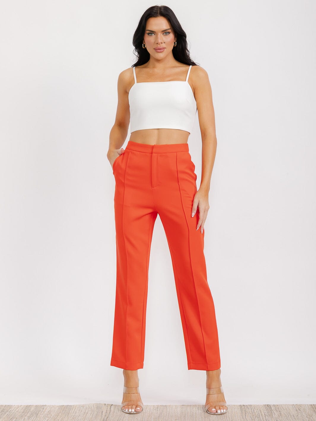 WOMEN'S BUTTON CLOSURE FRONT POCKETS WIDE LEG PANTS