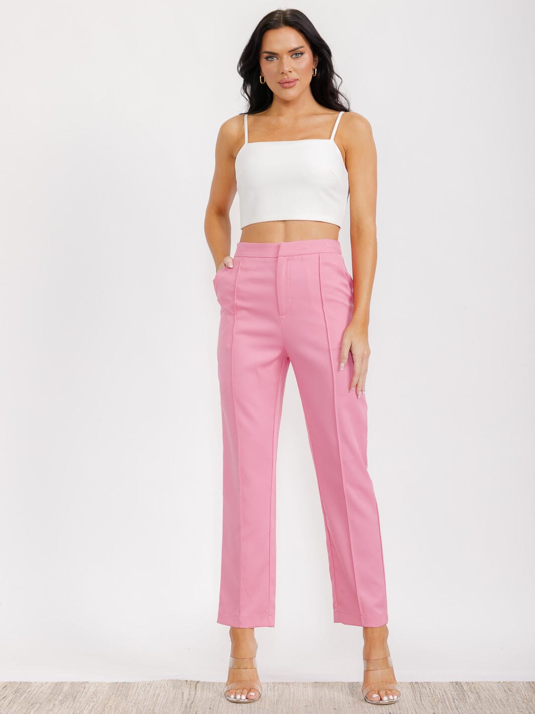 WOMEN'S BUTTON CLOSURE FRONT POCKETS WIDE LEG PANTS