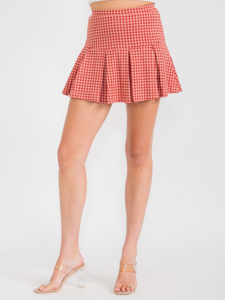 WOMEN'S ELASTIC WAIST PLEATED PLAID MINI SKORT