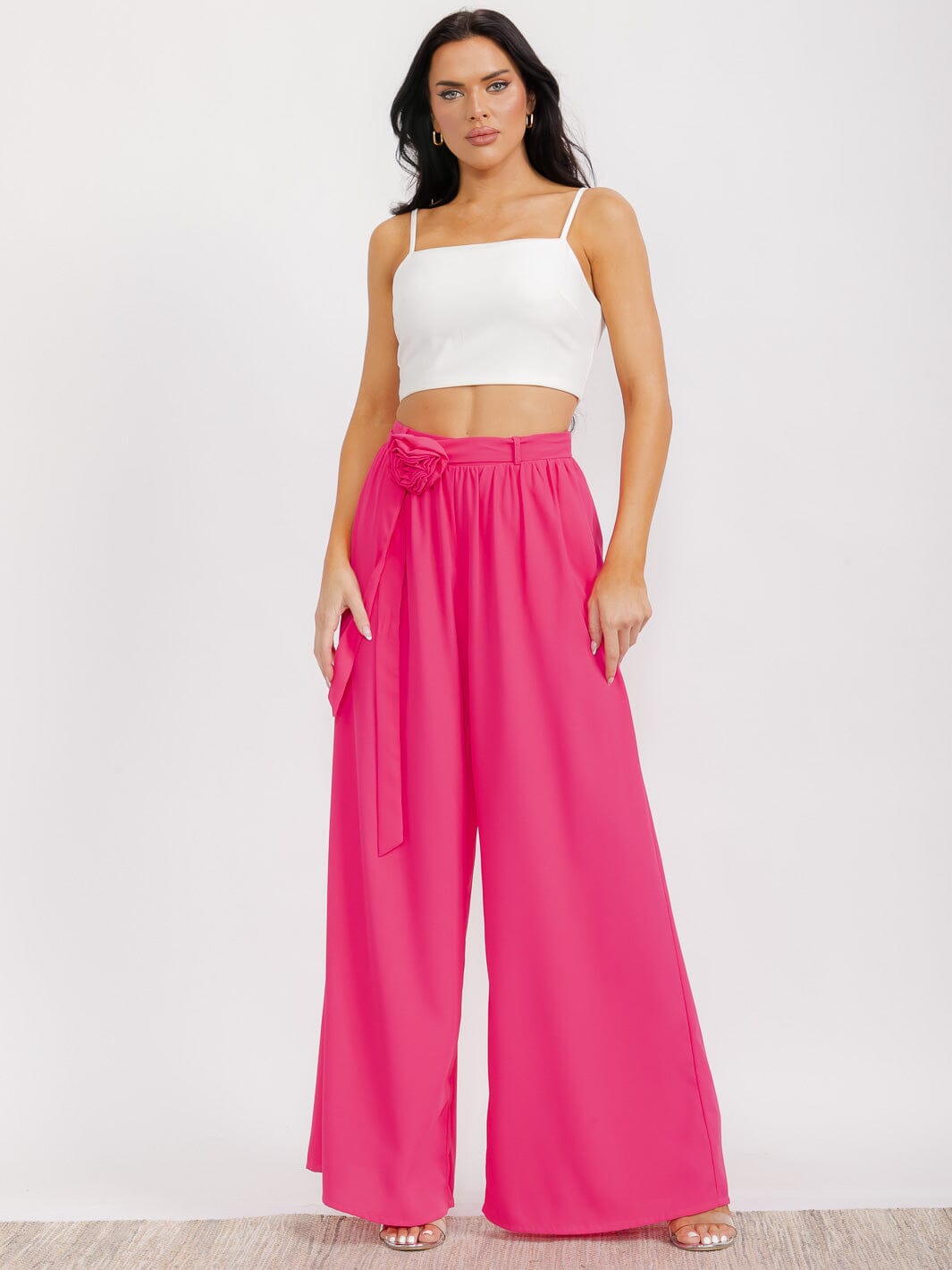 WOMEN'S ELASTIC WAIST FRONT POCKETS FLOWER PALAZZO PANTS