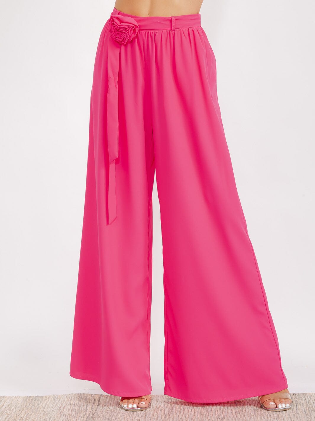 WOMEN'S ELASTIC WAIST FRONT POCKETS FLOWER PALAZZO PANTS