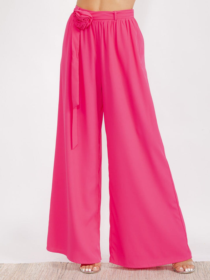 WOMEN'S ELASTIC WAIST FRONT POCKETS FLOWER PALAZZO PANTS